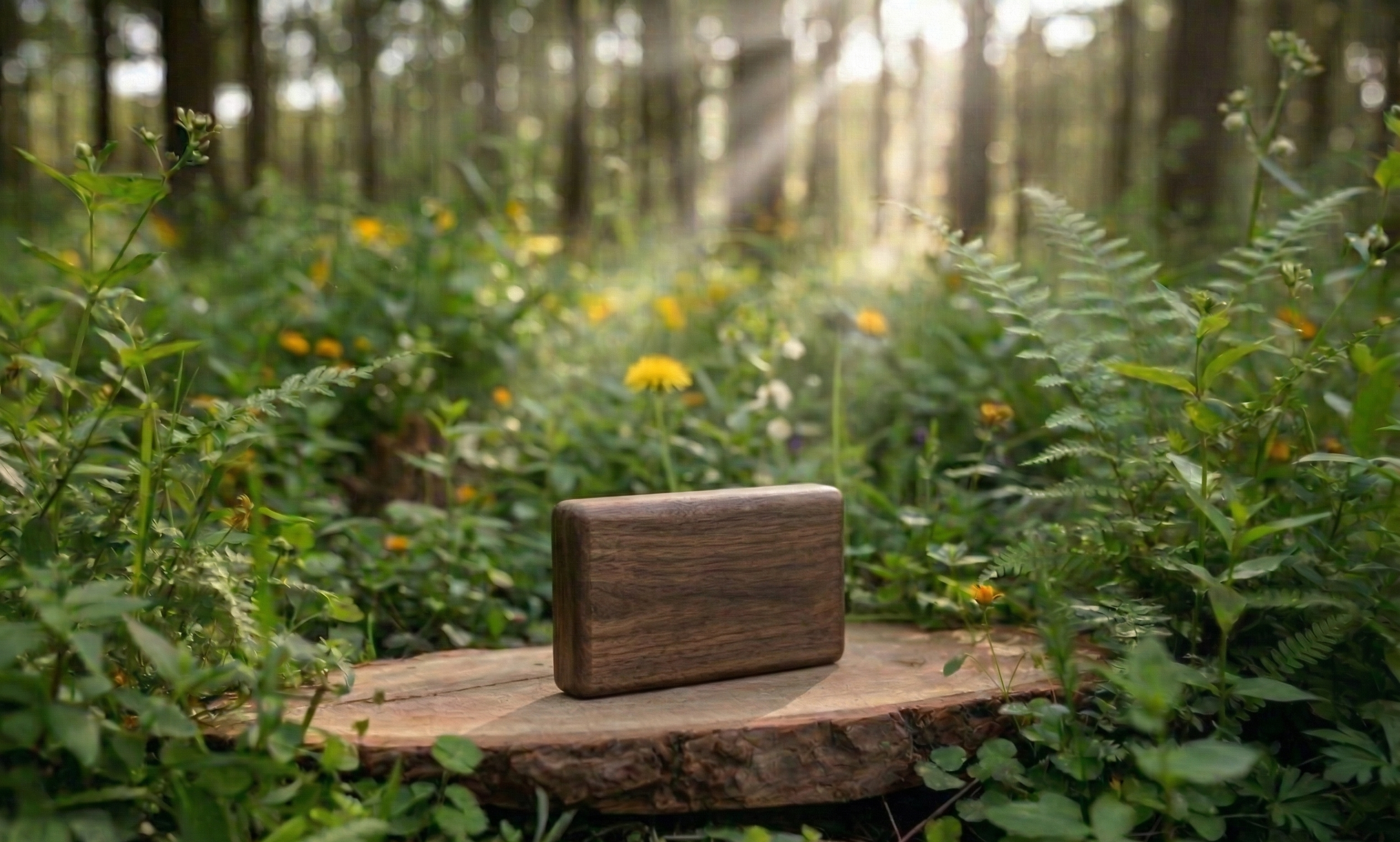 Wooden block on a log in a forest with sunlight filtering through the trees